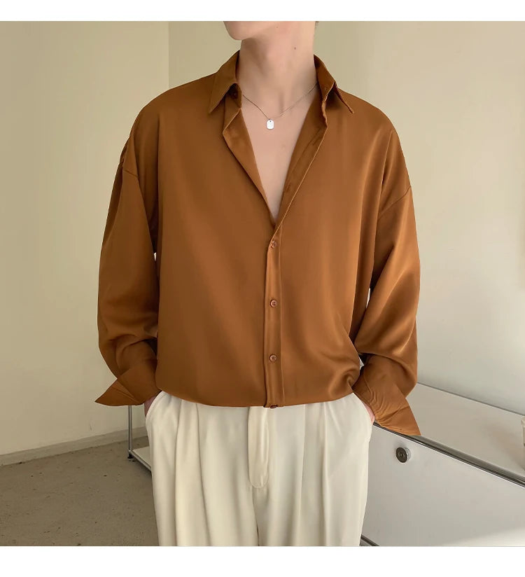 HEARUJOY  -  Long Sleeved Shirt Men Oversized Fashion Social Mens Dress Shirt Korean Loose Ice Silk White Shirt Mens Office Formal Shirts