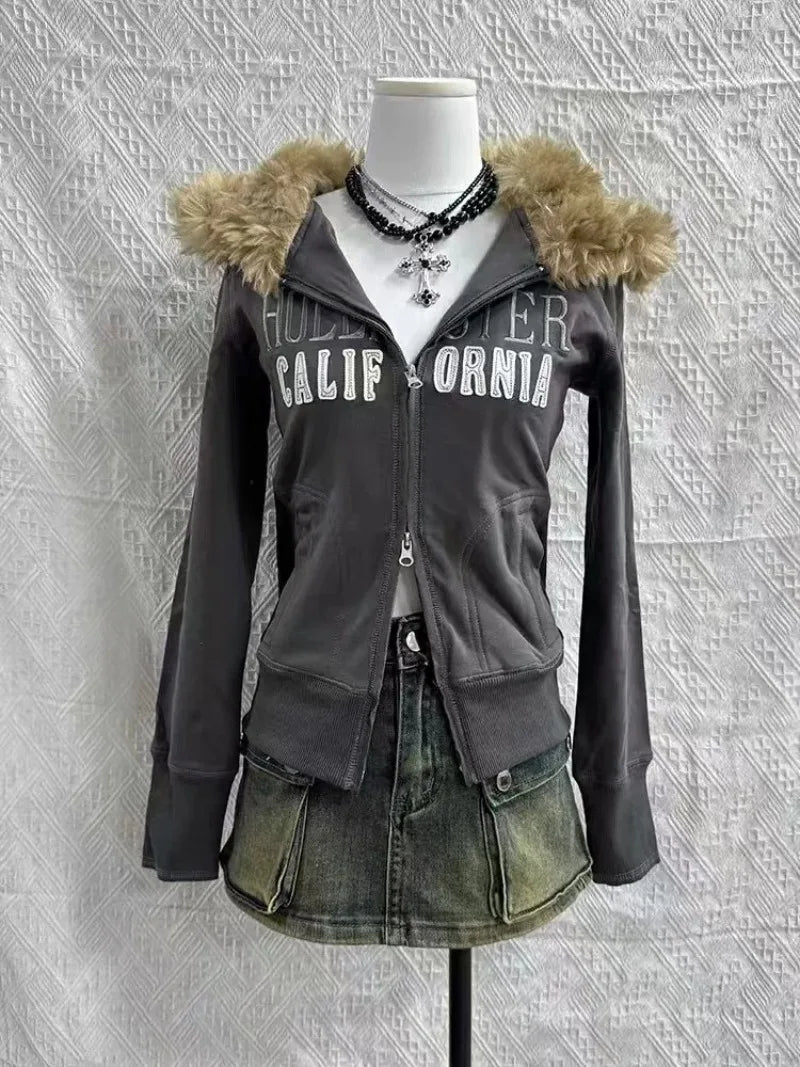 Hearujoy Street vintage alphabet print plus fleece hoodie woman y2k Goth original fashion coat Cardigan Spice casual loose sport coat