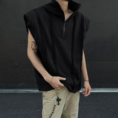 HEARUJOY  -  Mens Half Zipper Shoulder Pad Vest Streetwear Fashion Stand Collar Plain Personality Sleeveless Top Men'S Clothing 2025 New