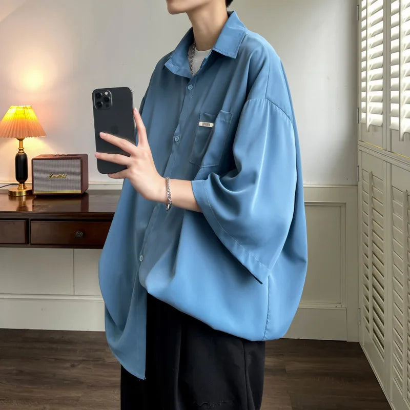HEARUJOY  -  Summer Short Sleeved Shirt Men Society Mens Dress Shirt Korean Loose Ice Silk Shirt Mens White Casual Shirts Large Size 5XL