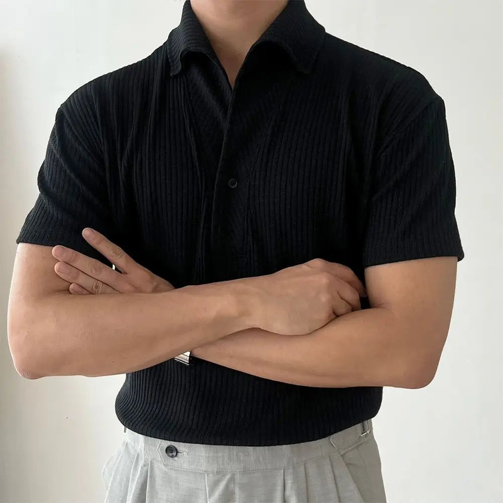 HEARUJOY  -  American Muscle Summer Fitness Suit Men's Elastic Breathable Sports Men's T-shirt Vertical Thread Slim Lapel Short Sleeves