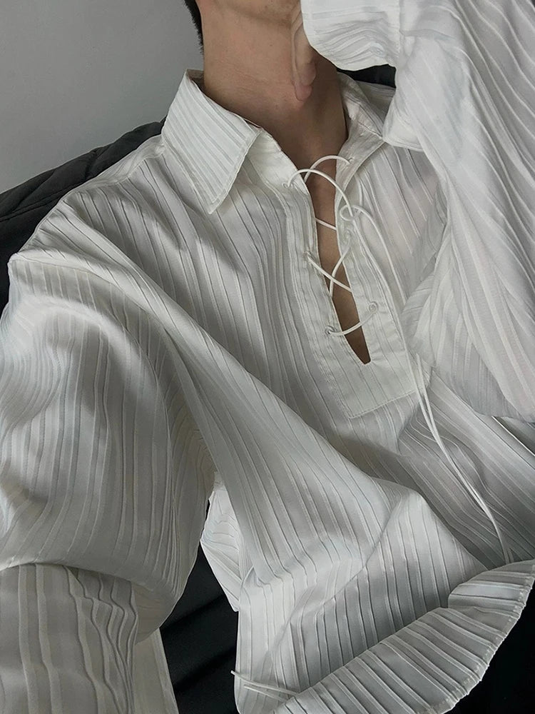 HEARUJOY  -  Vintage Drawstring Lace-up Lapel Shirt Mens Spring Autumn Fashion Long Sleeve Ribbed Polo Shirts Casual Textured Pullover Tops