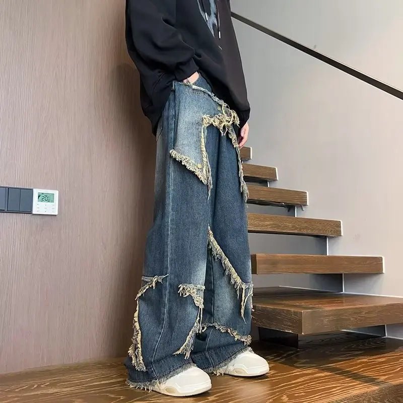 Hearujoy 2024 New Streetwear Big Star Edge Jeans Cargo Pants Loose Plus Size Wide Leg Pants Harajuku Casual Denim Pants Men Clothing Y2K