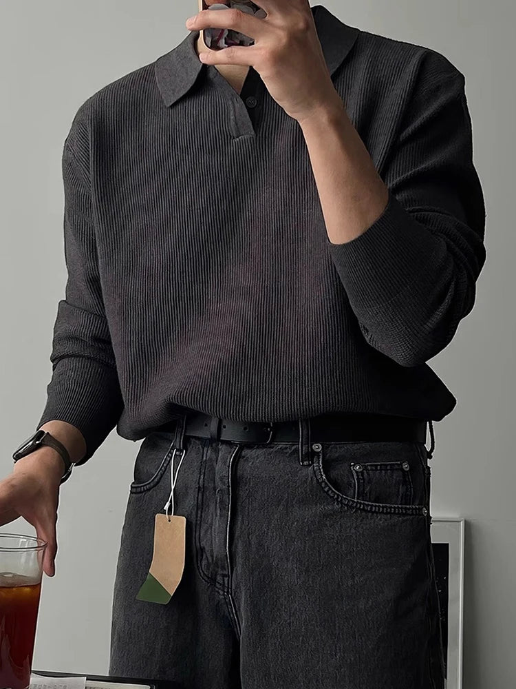 HEARUJOY  -  Spring Autumn Casual Knitting Men Polo Shirts Long Sleeve Slim Fit Elastic Knit Jumper Tops Men's Stylish Solid Color Polo Shirt