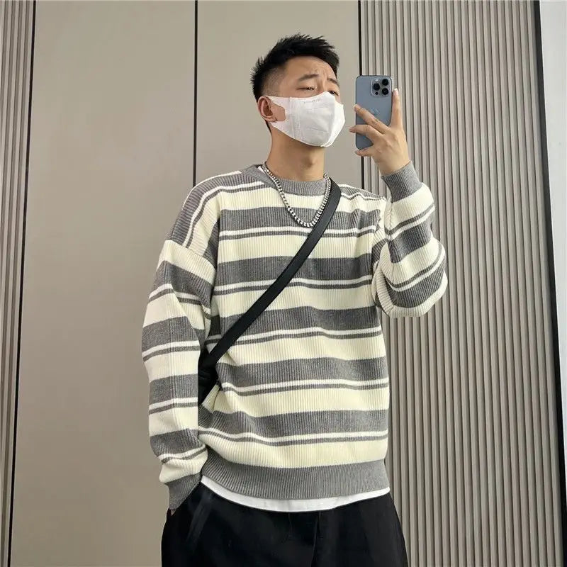 HEARUJOY  -  Retro Striped Men's Loose New Trendy Round Neck Sweater