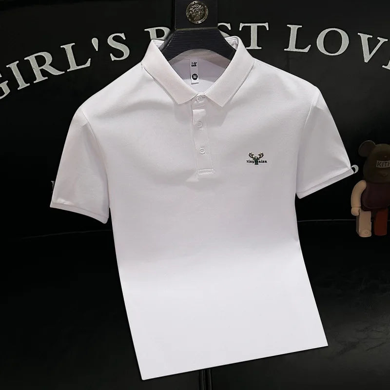 HEARUJOY  -  New Summer Men's Collar Fashion European Style Silk Embroidery Trendy Body-fitting Short Sleeve Polo Shirt Half Sleeve T-shirt