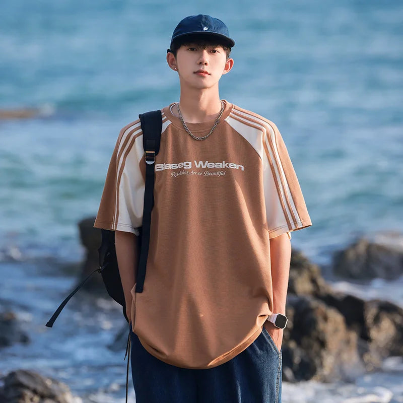 HEARUJOY  -  Streetwear Men Patchwork Striped Design T-shirt Unisex New in Summer Loose Fit American Vintage Casual Round Neck TopsTees