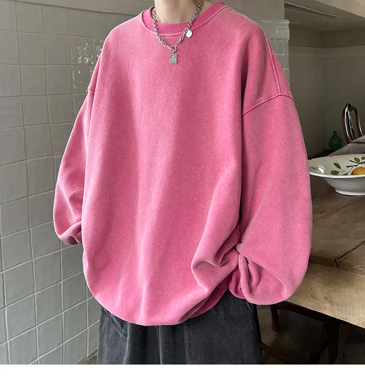 HEARUJOY  -  American Washed Old Pullovers Sweatshirts Men Loose Solid Color 2025 Autumn Large Size Warm O Neck Tops Hip Hop Y2k Sweatshirt