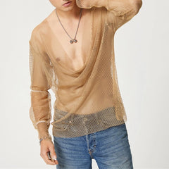 Hearujoy Mens Sexy See-Through Mesh Long-Sleeve Top 2024 New Genderless Nightclub Individuality Irregular Thin Low-Cut T-Shirt Unisex