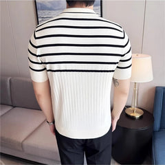 HEARUJOY  -  Men's Summer Ice Silk Slim  Polo Shirt - Striped Knit Color-Blocked V-Neck Short Sleeve Top for Breathable Stylish Casual Wear