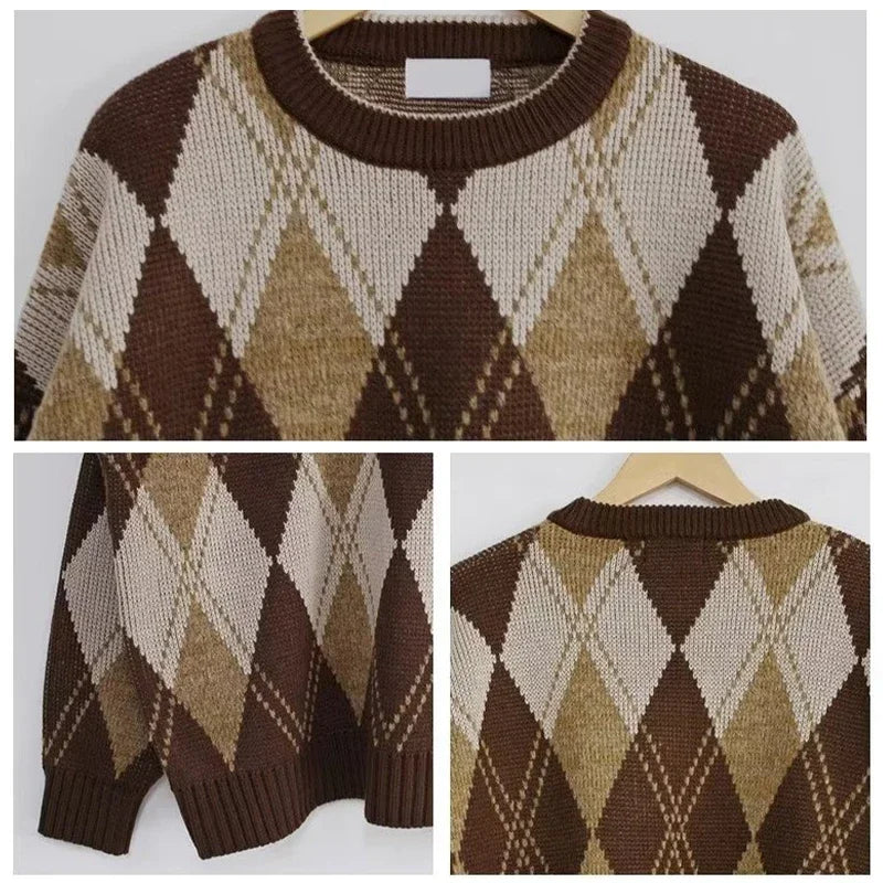 Hearujoy Argyle Sweater Pullover Men's Christmas Grandpa Sweater Korean Casual Vintage Retro Clothes Autumn Streetwear Harajuku