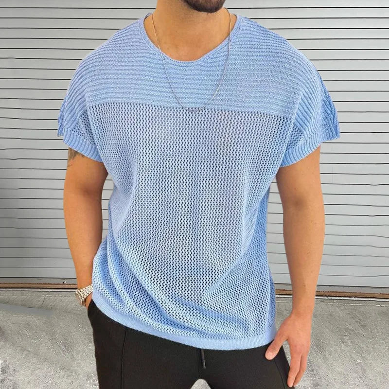 HEARUJOY  -  Summer Thin Hollow Out Knitted T Shirt For Men Round Neck Short Sleeved Pullover Top Fashion Casual Knitwear T-shirts Streetwear
