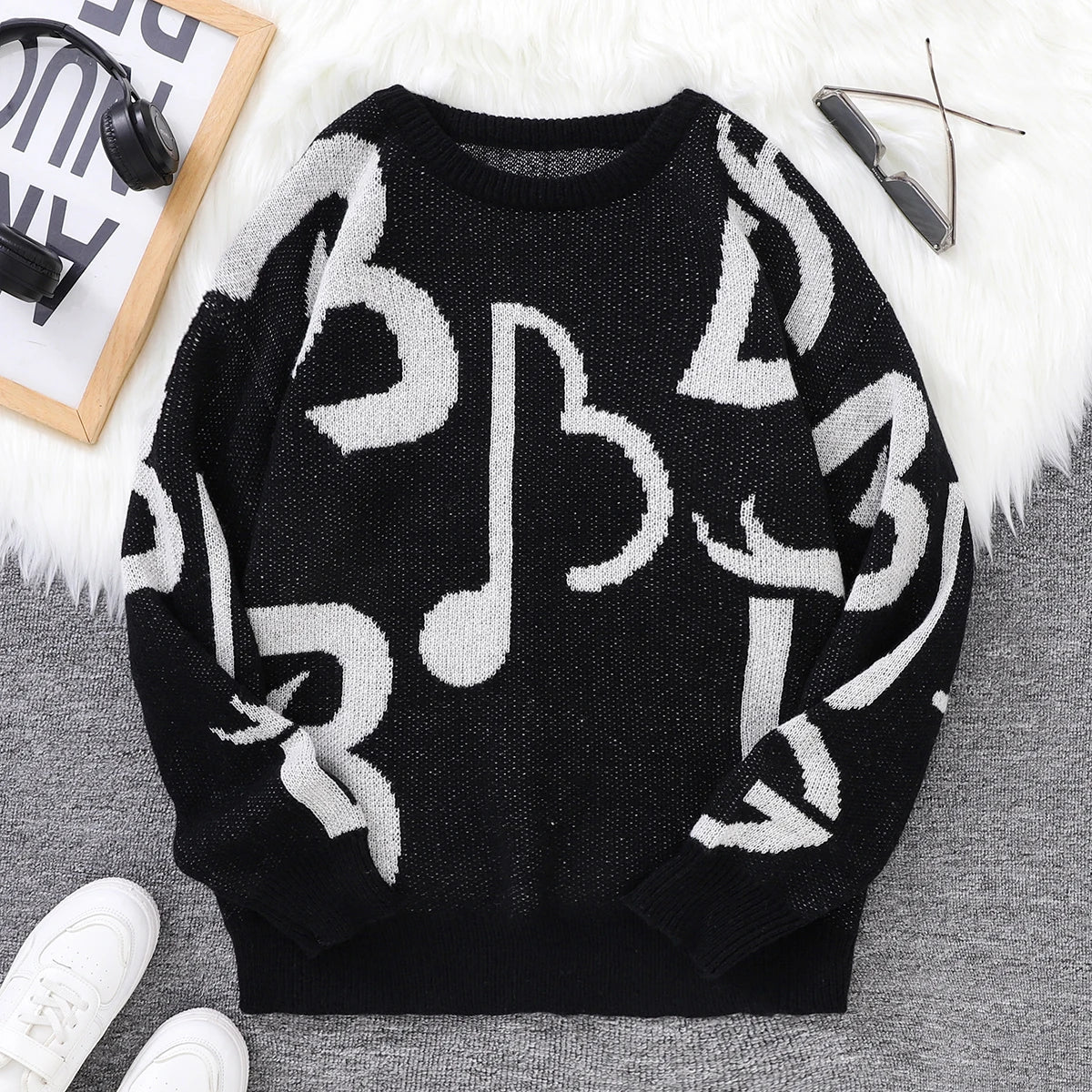 HEARUJOY  -  New Popular Autumn and Winter Letter Note Jacquard Pattern Pullover Sweater Casual Round Neck Contrast Color Knitted Men's Pullover