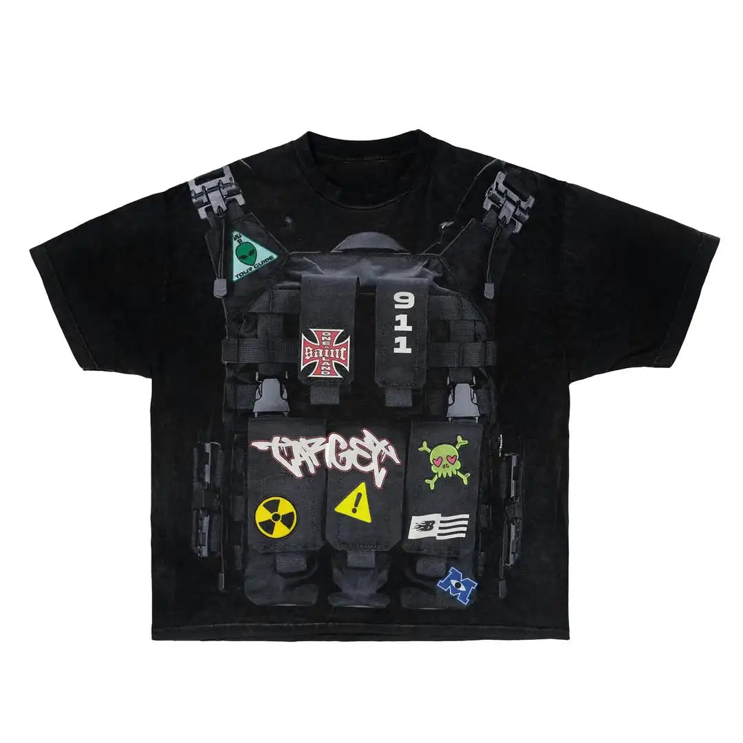 Hearujoy American Simple New Style Harajuku Style Special Body Armor Printed T-shirt Men's Spring Trend Street Y2K Fashion Short Sleeves