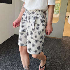 Hearujoy Male Summer Korean Printing Casual Shorts Wide Leg Knee Lenght Flowers Short Pants Men's Trendy Loose Everyday 9A8876