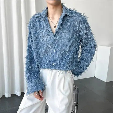 Hearujoy Korean Elegant Shirt for Men High-end Niche Long Sleeved Blouse Trendy Loose High Street Tassel Casual Shirt Vintage Streetwear