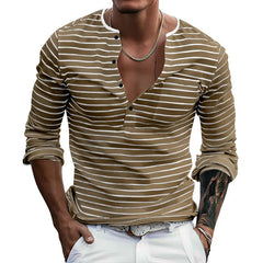 HEARUJOY  -  Men's Spring and Autumn Long Sleeve V-neck Button-down T-shirt Slim-fit Henley Shirt Horizontal Striped Top