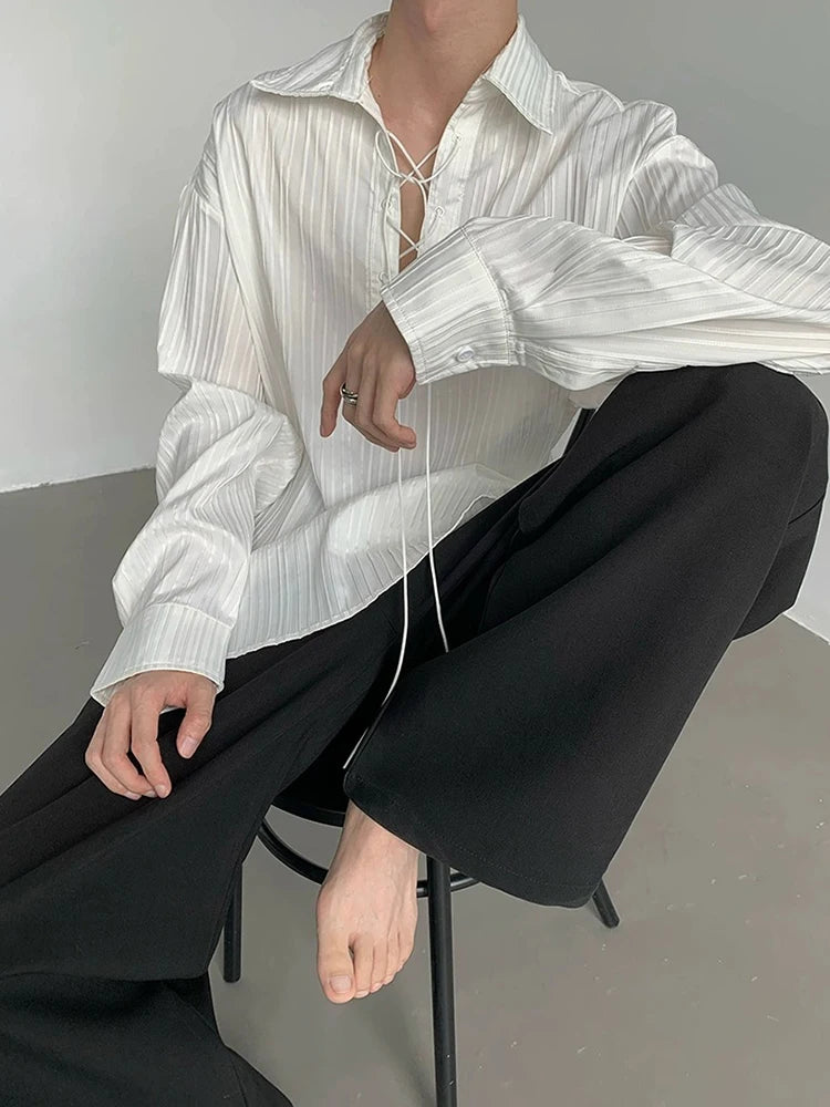 HEARUJOY  -  Vintage Drawstring Lace-up Lapel Shirt Mens Spring Autumn Fashion Long Sleeve Ribbed Polo Shirts Casual Textured Pullover Tops