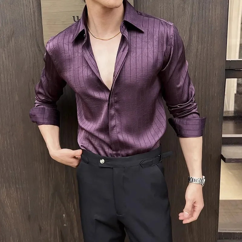 HEARUJOY  -  Spring Summer Men Smart Casual Black Shirts Fashion Men High Quality Striped Shirts Male Formal Party Wedding Blouse