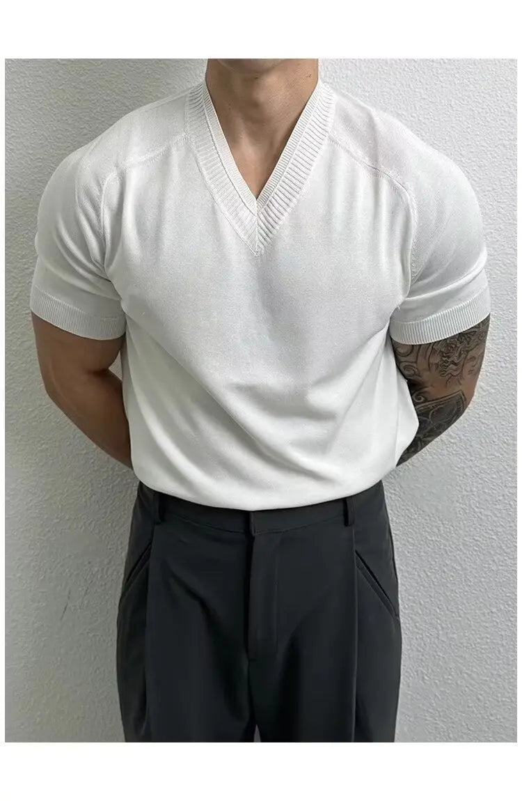 HEARUJOY  -  Men's Clothing Light Luxury Knit V Neck Short-sleeved T Shirt Solid Color Leisure Korean Popular Streetwear Retro Knitwear M-3XL
