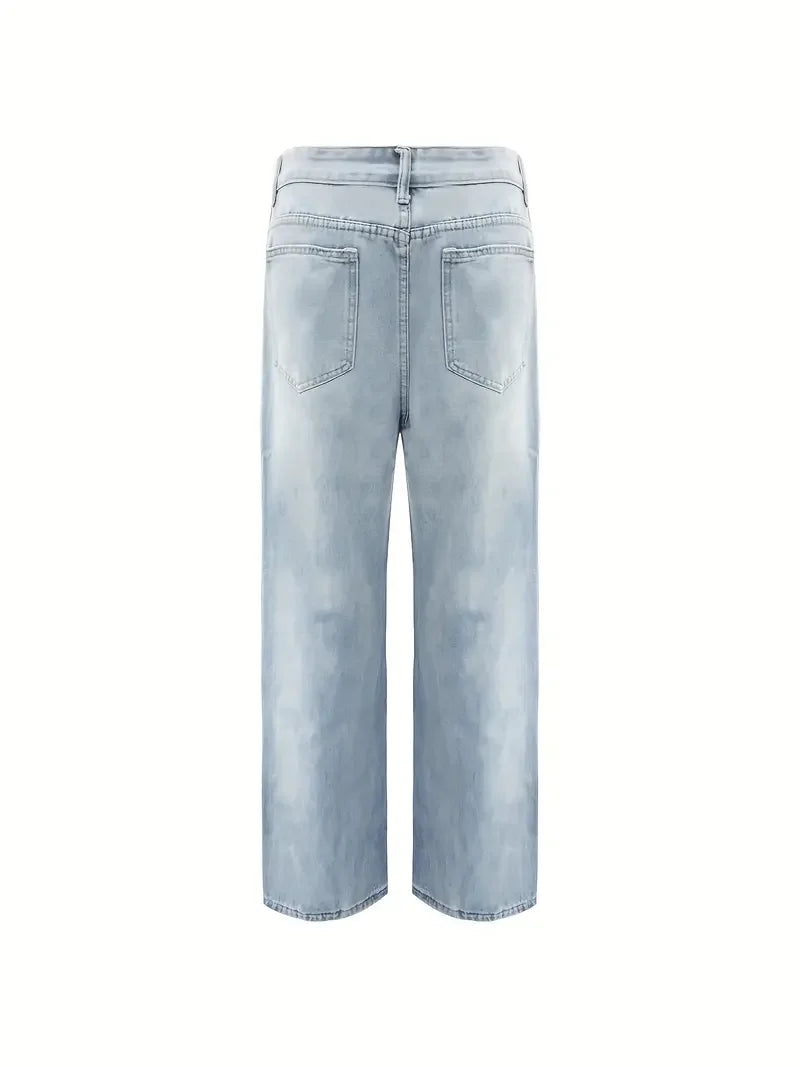 HEARUJOY  -  Men'S Vintage Washed Blue Loose Fit Jeans - Casual Straight Leg Denim Pants with Zipper Fly, All-Season Comfort, Mid Waist, Casual