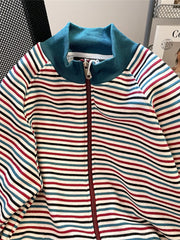 Hearujoy American Cleanfit Striped Stand-up Collar Jacket Cardigan Unisex Preppy Vintage Jacket Autumn Niche Casual Versatile Zipper Coat