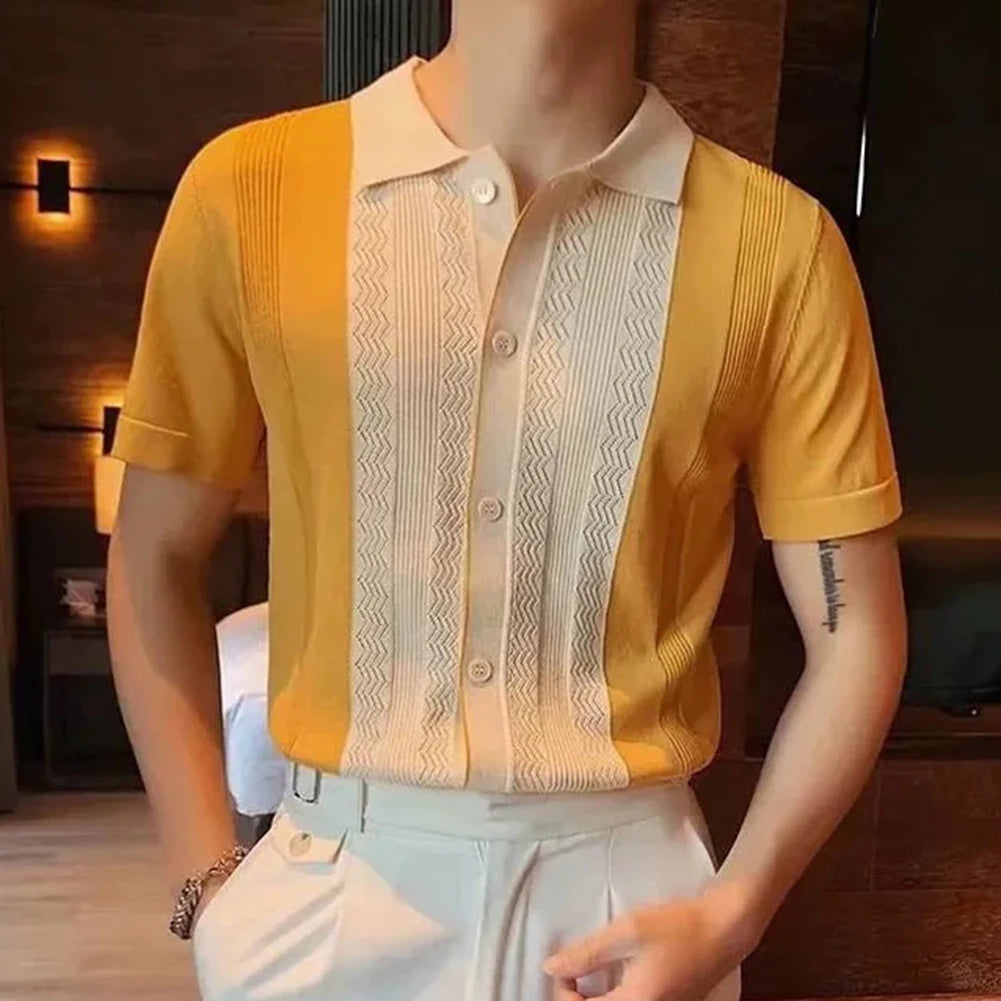 HEARUJOY  -  Clothing Contrast Color Loose Fit Tops Slight Stretch Vacation Clothing Casual Style Daily Wear Lapel Neckline