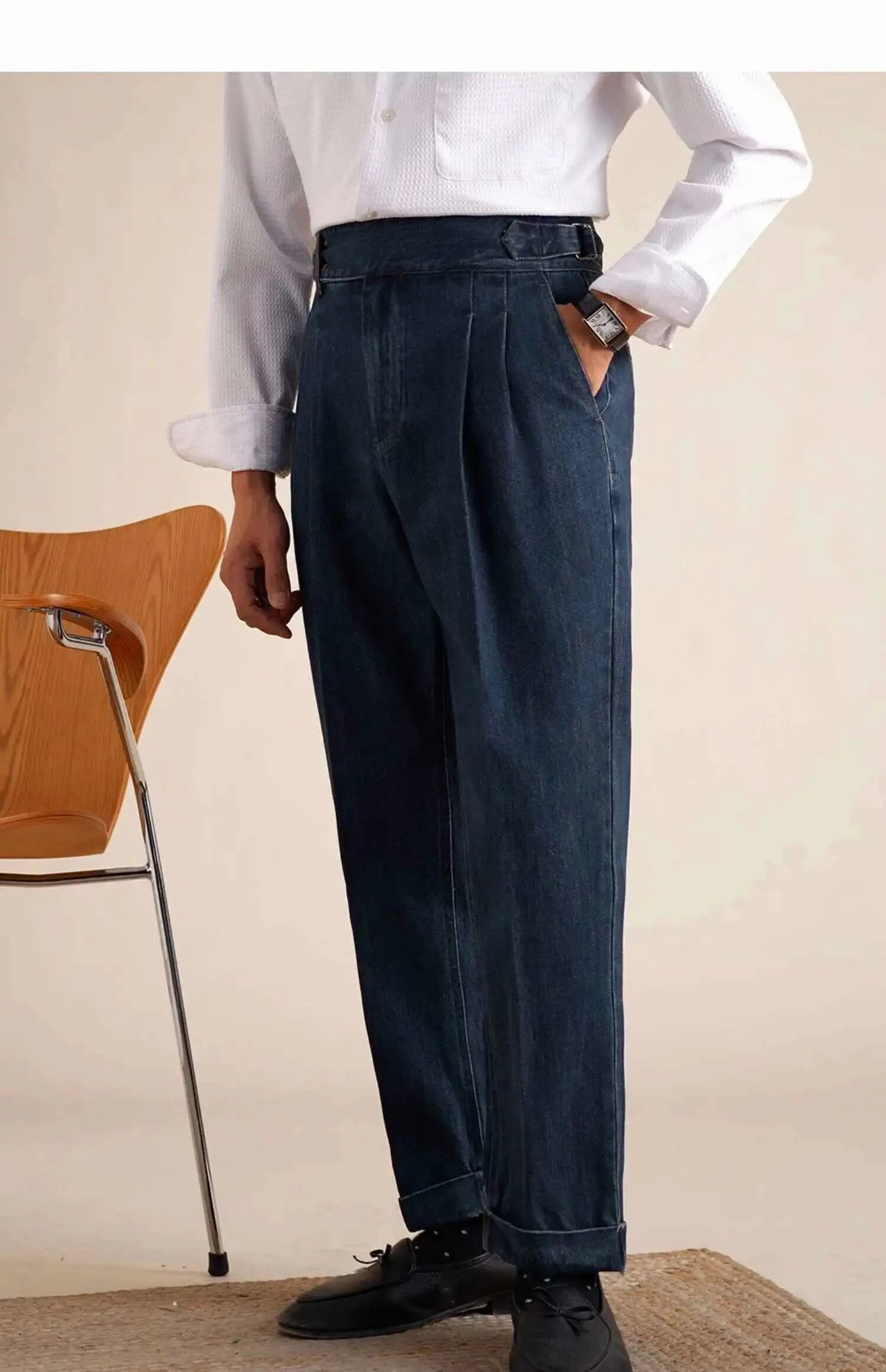 HEARUJOY  -  Naples Loose Washed High Grade Business Pant Men Dress Trouser High Quality Cotton Blend Double Pleated Jeans Straight Leg Pant