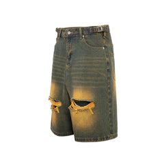 Hearujoy Ripped Hole Washed Yellow Mud Baggy Jeans for Men Straight Distressed Ropa Hombre Casual Denim Shorts Oversized Five Point Pants