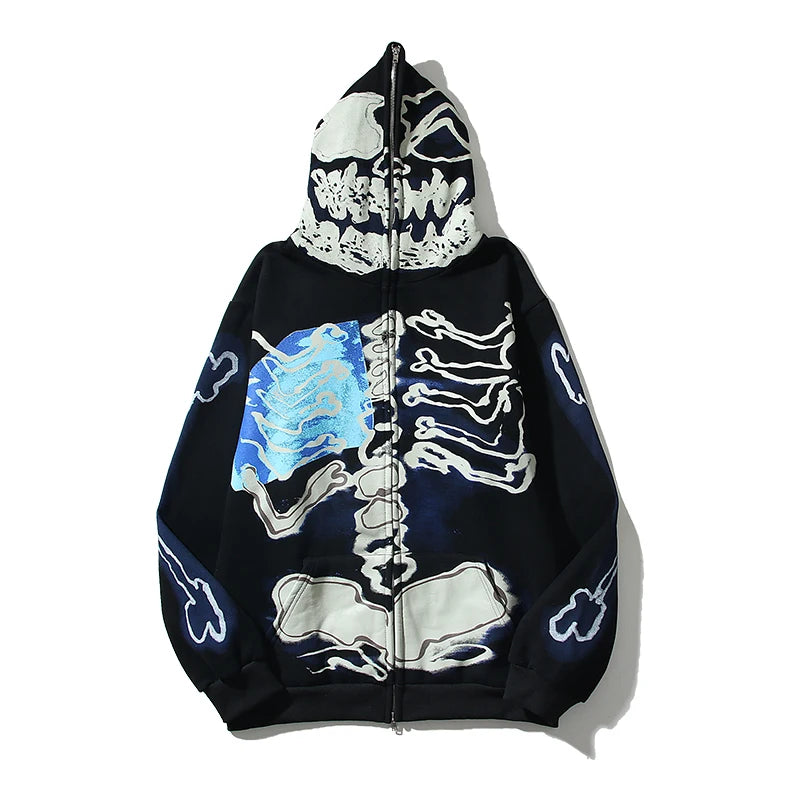 Hearujoy HIp Hop Cactus Jack Fragment Skull Print Zipper Hooded Hoodies Men's and Women's Retro Oversized Harajuku Casual Sweatshirts