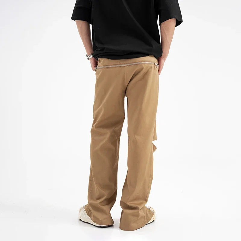 Hearujoy Design Zipper Slit Men Trousers Techwear Straight Tube Casual Black Wide Leg Pants Male Hole Loose Streetwear Hip Hop