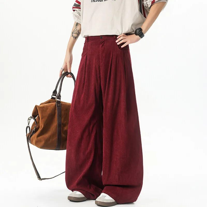 HEARUJOY  -  Corduroy Pants Men Oversized Fashion Black Casual Wide Leg Pants Men Streetwear Korean Loose Corduroy Suit Pants Mens Trousers