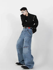 Hearujoy Baggy Cargo Jeans Men Denim Wide Leg Trousers Male Oversize Casual Streetwear Hip Hop Pocket Zipper Safari Style