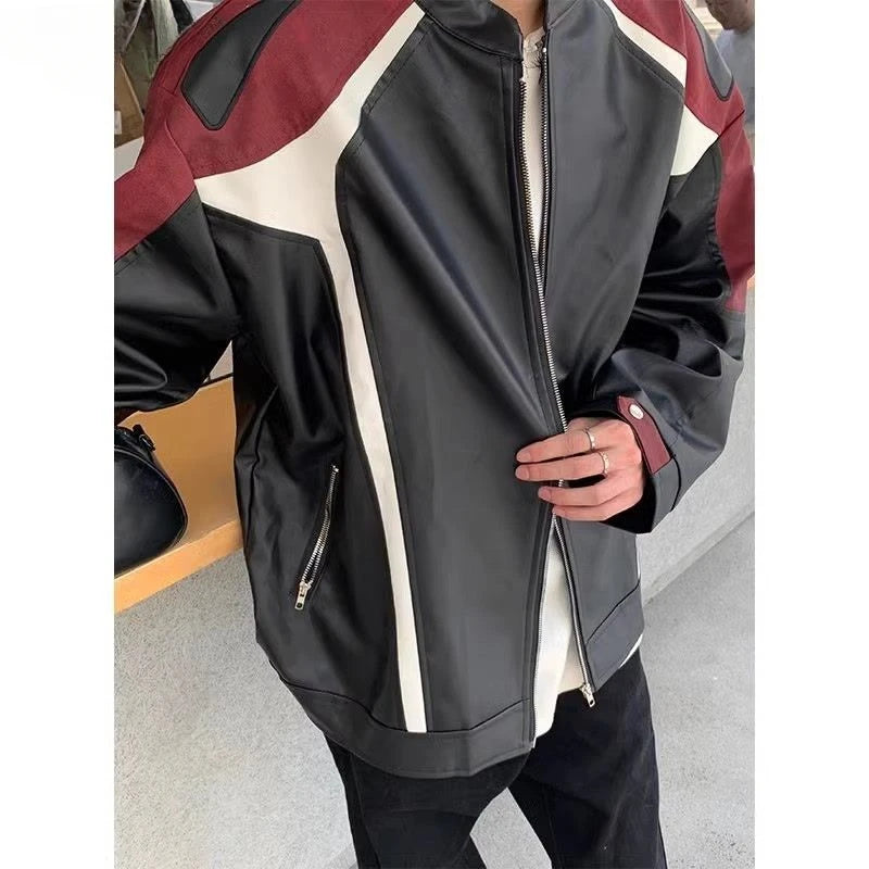 Hearujoy American Retro Motorcycle Jacket Men Women's High Street Spring Autumn Contrasting Color Splicing Design Handsome Bomber Coat