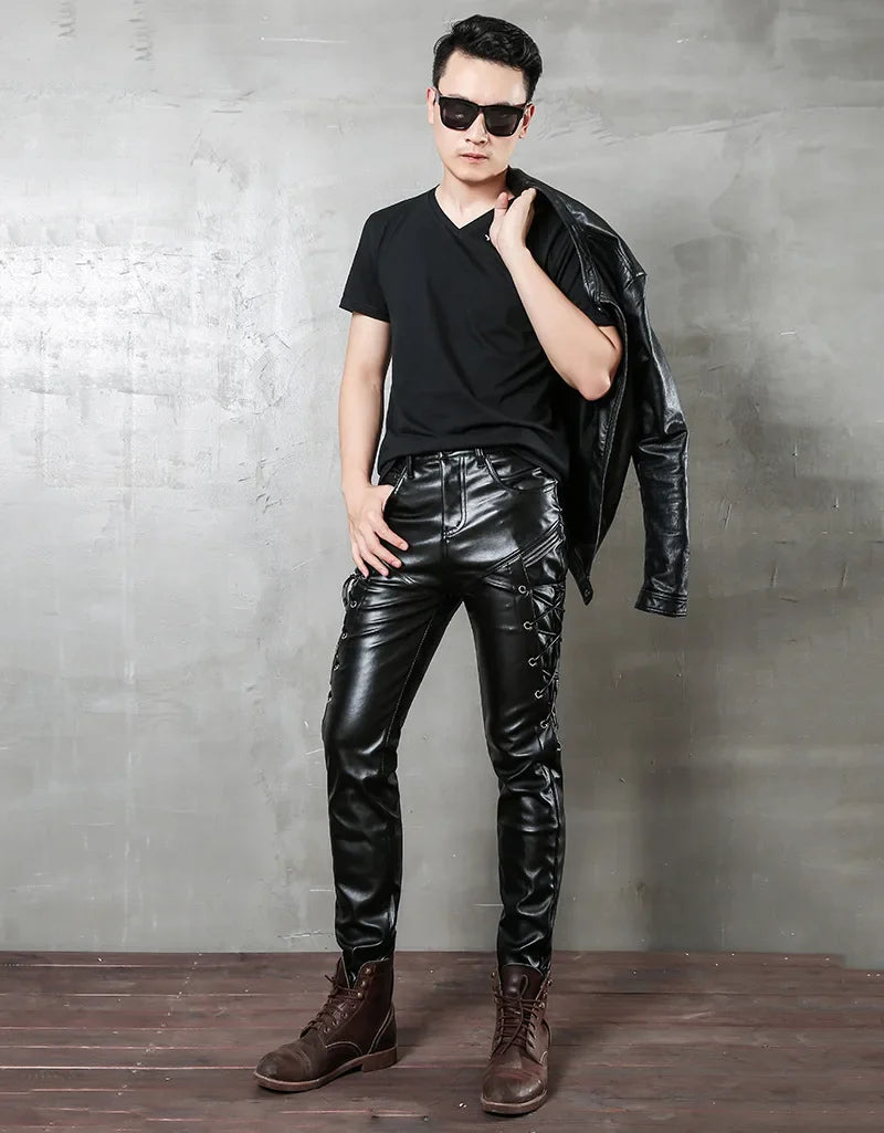 Hearujoy 2024 PU leather men's black leather rope plus velvet leather pants punk style men's motorcycle pants slim fit personality simple
