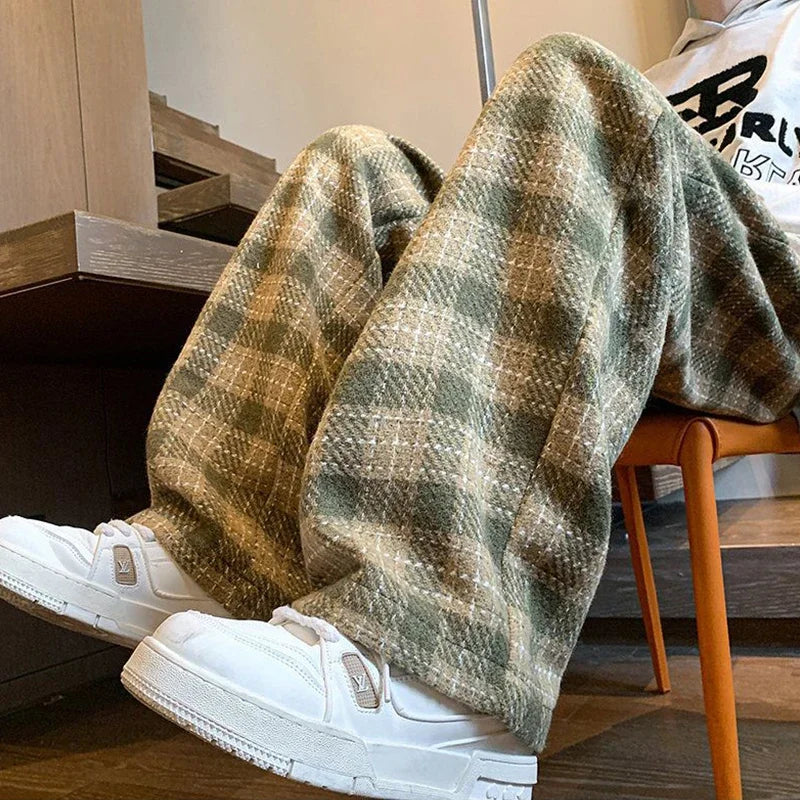 Hearujoy Green Plaid Pants Men Harajuku Winter Wide Leg Checked Trousers Male Oversize Big Size Casual Sweatpants Streetwear 8XL