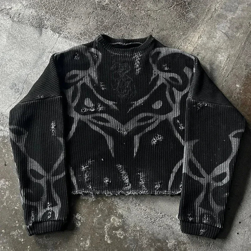 Hearujoy Y2K Gothic Sweater Vintage Abrased Abstract Embroidery Graphic Long Sleeve Pullover Punk Distress Oversize Casual Men Streetwear