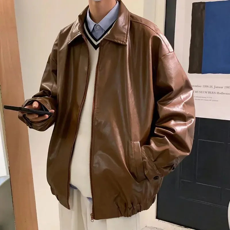 Hearujoy Pu Leather Jacket Men's Personalized Fashion Street Biker Wind Jacket Spring and Autumn Loose Lapel Top Clothes Men Clothing