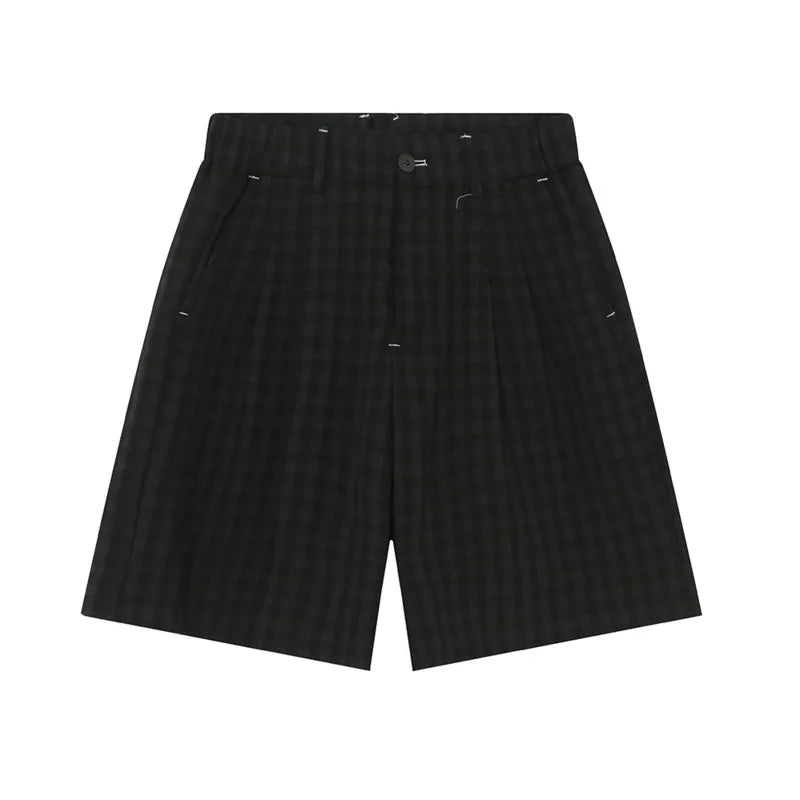 Hearujoy Men's Shorts Casual Plaid Elastic Waist Loose Straight Wide Leg Solid Color Male Trousers Simple Summer 9C6726