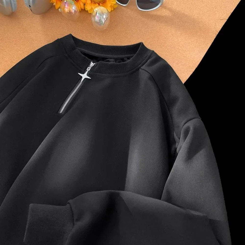HEARUJOY  -  Men Sweatshirt Side Zip Casual Tshirt Autumn Streetwear Fashion Trend Youth All-Match Daily Long-Sleeved Top Male Men'S Clothing