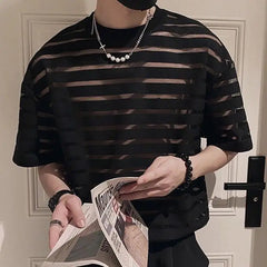 Hearujoy Men T Shirt Mesh Striped O-neck Short Sleeve Transparent Men Clothing Streetwear Sexy Korean Fashion Tee Tops S-5XL