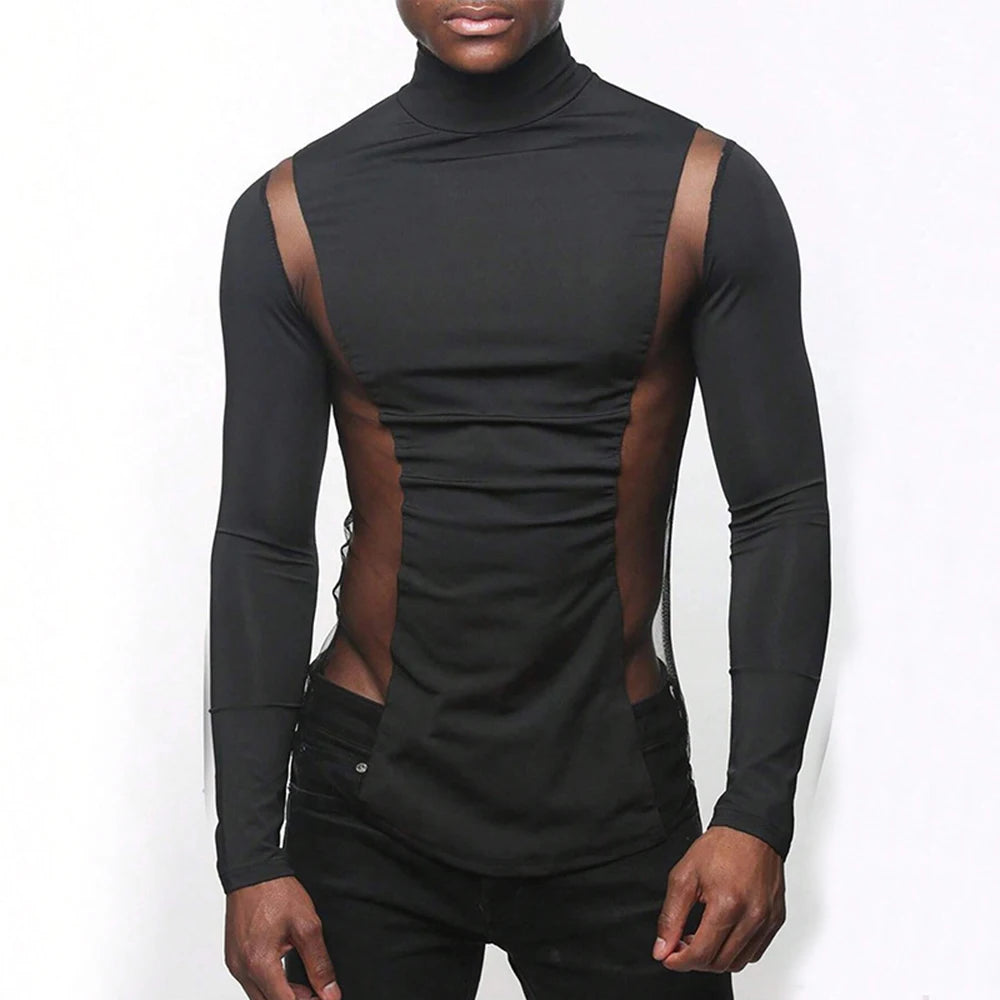 Hearujoy Mens Sexy Tight-Fitting Sports Fitness Mesh Long-Sleeved Tops Autumn Nightclubs Perspective Stitching Stretch Turtleneck Tops