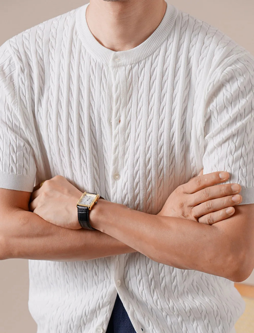 HEARUJOY  -  Summer Tencel Cotton Jacquard Knit Cardigan Men's Short Sleeve Thin Round Neck Draped Casual Business T-Shirt Breathable Polo