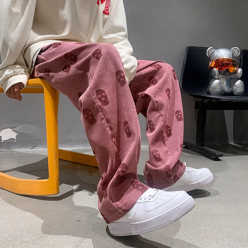 Hearujoy Baggy Corduroy Men Wide Pants Spring Fashion Design Print Trousers Hiphop Straight Sweatpants Oversized Bottoms Man Y2k Clothes