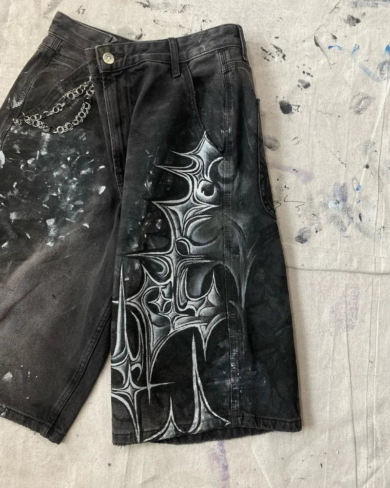 HEARUJOY  -  High Street Fashion Brand High Waist Washed Denim Shorts Women Y2k American Hip Hop Rock Fashion Graffiti Oversized Shorts Men