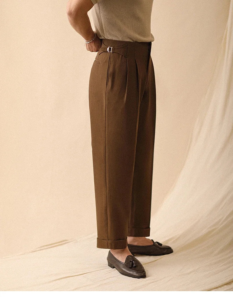 HEARUJOY  -  Men's Summer Straight Pants Paris Button Non Ironing Loose Fitting Business Naples Casual Pants High Waisted Office Trousers Men