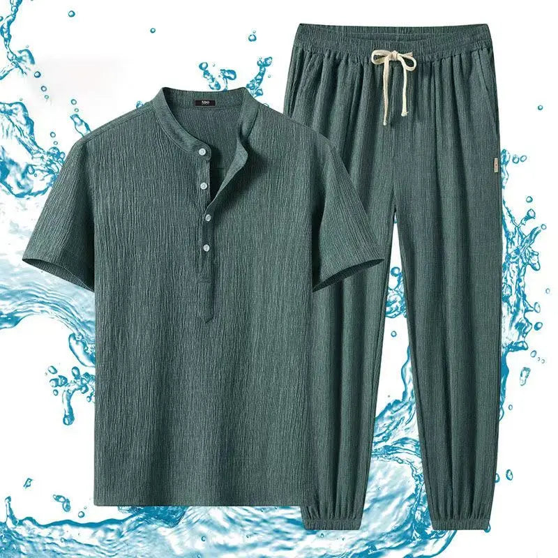 HEARUJOY  -  Summer New Loose Two Piece Set Men's Short-sleeved T-shirt Pants Korean Wrinkle Sports Casual Suit Trend Men Clothes