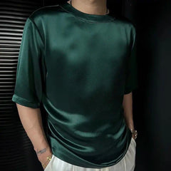 HEARUJOY  -  Summer New Men's Solid Color Shiny Short-Sleeved T-Shirt American Retro Fashion Trend Leisure Loose Breathable Niche Men's Tops