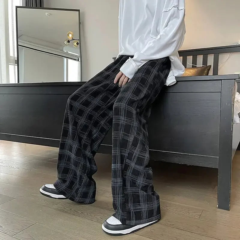 Hearujoy Check Trend Plaid Baggy Trousers For Men Loose Classic Korean Style Designer Clothes Big Size Harajuku Fashion Casual Pants Man