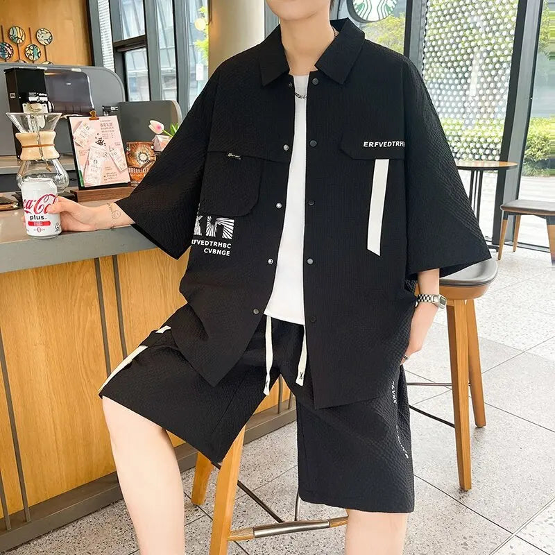 HEARUJOY  -  Summer fashion 2 Pieces Set Tracksuit Men's Two Piece Shirt Shorts Harajuku Streetwear Men Sets Short Sportswear Suits